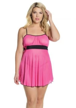 Coquette Lingerie Gathered Mesh Babydoll And G-String Set - Queen Size