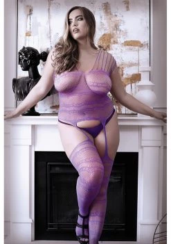 Fantasy Lingerie Purple Haze Gartered Bodystocking - Queen Size