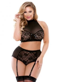 Fantasy Lingerie Katia Two Piece Halter Bra Top With Matching Gartered Panty - Plus Size